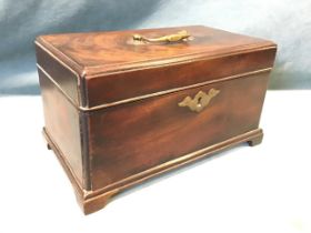 A George III mahogany tea caddy, the moulded cockbeaded cover with brass swan-neck handle, the