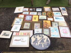 Two boxes of miscellaneous framed pictures - needleworks, prints, gilt framed, photographs, birds,