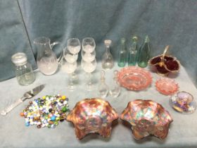 Miscellaneous glass including decanters & stoppers, frosted glasses, a cranberry basket vase, a pair