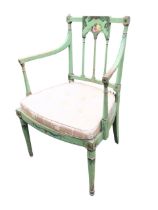 A regency painted armchair, the back central tablet painted with acanthus and floral spray above