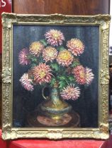 JB Robertson, oil on canvas, chrysanthemums in a Chinese bronze enamelled vase, signed with