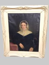 Early C19th oil on canvas, bust portrait of a lady, unsigned, re-lined, in painted gesso scrolled