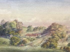 C19th watercolour, wooded landscape with country house, unsigned, Bonhams label to verso,