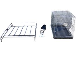 A 60s tubular car roof rack, with fittings - 36in x 37.5in; and a Slavic folding wire dog cage -