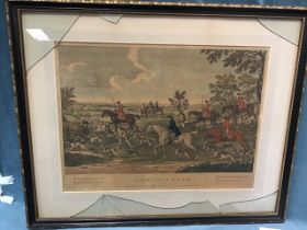 A C18th handcoloured engraving, landscape hunting scene with riders and hounds, titled Going to