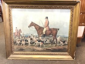 A Victorian hunting print with huntsman & hounds in extensive landscape, the verso with taped