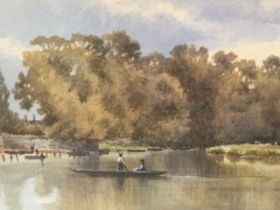 J Talbot Coke, C19th watercolour, river landscape with figures & punt, signed, mounted & gilt