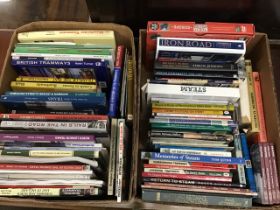 Two boxes of books on trams, steam, locomotives, railways, branch lines, tramways, canals, etc. (