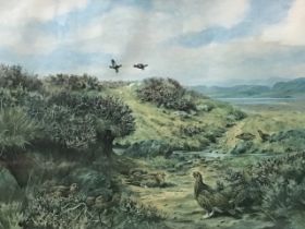 C Stanley Todd, lithographic colour print, moorland landscape with grouse, signed and dated in the