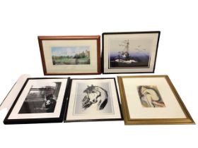 Five miscellaneous framed prints - Stanton village, a contemporary trawler, a stylised nude, a