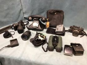 Miscellaneous items including a Nikon & Olympus camera with spare lens, flash unit & charger, a