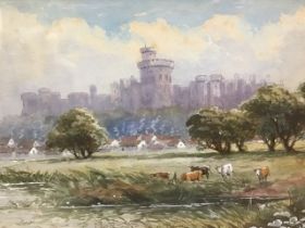 Charles Rowley, watercolour, study of Windsor Castle from the meadows with cattle in foreground,