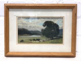 William Bright Morris, oil on board, lake landscape with trees in foreground, unsigned, inscribed to