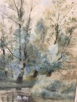 Victorian watercolour, river landscape with trees and pair of swans, signed with initials JC and