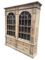 A Georgian style pine architectural library bookcase, the moulded cornice above a pair of arched