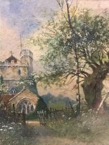 James Lawson Stewart, C19th watercolour, study of a church with path through gate, signed with