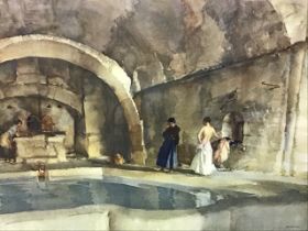 William Russell Flint, colour collotype print, depicting women in a vaulted interior, titled Strange