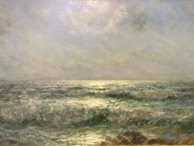 John Falconer Slater, oil on board, a moonlit seascape with breaking waves, signed, in a gilt