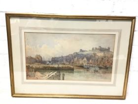 C19th watercolour, river harbour scene with figures, possibly Whitby, signed indistinctly and