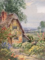 Teresa Sylvester Stannard, watercolour, floral path leading to thatched cottage and distant