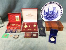 Miscellaneous commemorative items including a 72 Olympics plate & cigarette box, crowns and other