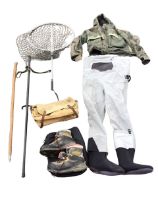 A pair of Orvis chest waders with boots - size 9?; a salmon landing net; two wading staffs; a