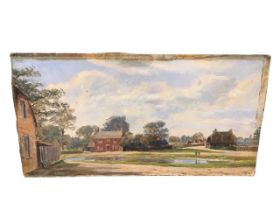 J Pascoe, oil on board, landscape with houses and figures by pond, signed, inscribed verso