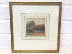 Victorian watercolour, landscape with cows & ruined building, unsigned, mounted & gilt framed. (