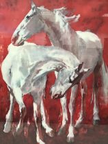 Ricardo Arenys, coloured Spanish lithograph, pair of white horses on red ground, signed in print,