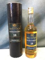 A boxed bottle of Glen Marnoch scotch whiskey, aged for 18 yrs and 40% proof. (70cl)