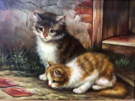 Contemporary oil on board, study of two kittens, unsigned, in gilt foliate scrolled frame. (6.25in x