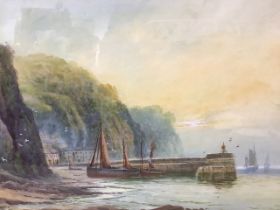 Anaen S Southey, watercolour, coastal scene with boats at sea and by quayside, signed, inscribed