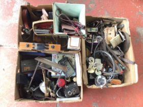 Three boxes of miscellaneous collectors items - keys, rim locks, a brass gong, a mirror, tin