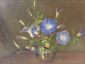 Margaret E Wilson, C20th oil on canvas, still life with flowers in vase, titled to London gallery