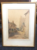 C20th watercolour, castle bailey and keep with nearby houses, titled Richmond and dated Sept 1922,