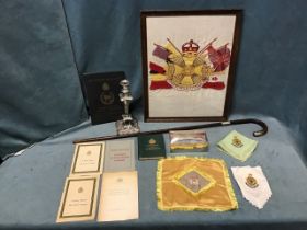 Miscellaneous Border Regiment items - Standing Orders, a 1900 woolwork embroidery, a hallmarked