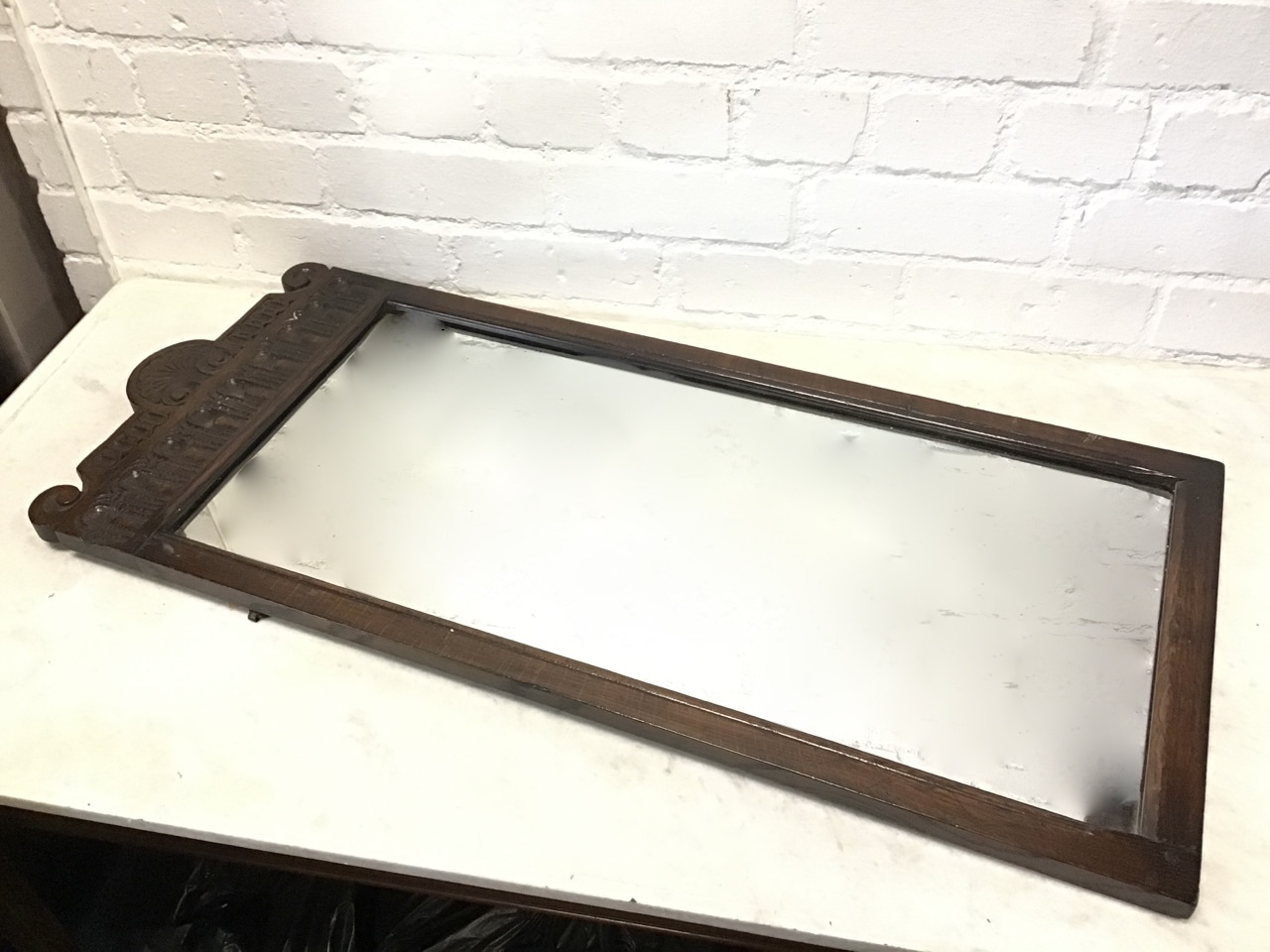 A rectangular oak framed mirror, with moulded surround surmounted by frieze & crest with chisel - Image 3 of 3