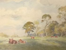 Max Ludby, watercolour, summer landscape with recumbent cattle, signed, mounted & gilt framed. (13.