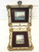 Silver, gouache on card, miniature Venetian canal scene, signed & framed; and another similar