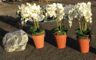 Three large artificial Phalenopsis orchid plants, in 12.25in terracotta plant pots; and an
