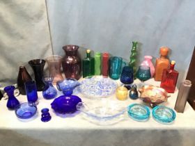 Miscellaneous glass - vases, ashtrays, bottles, bowls, art glass, a carnival vine bowl, decanters,