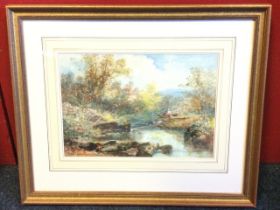 W Williams, C19th watercolour, figurines seated on a log by a brook in a wooded landscape, signed,