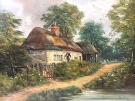 F Dalton, oil on canvas, thatch cottage with children on path by foreground pond, signed, in