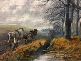 W Goldie, oil on canvas, ploughman and team in winter landscape beside a wood, signed & dated 1885 &