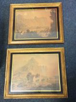 A pair of C18th handcoloured mezzotints, views on the Rhine with ruined castles on clifftops,