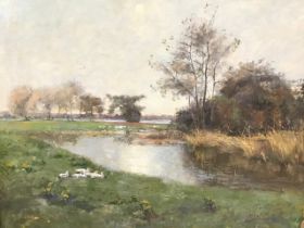 Lily Blatherwick, oil on canvas, river landscape with ducks in foreground, signed, framed. (20.5in x