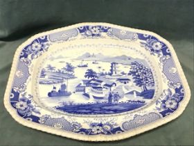 A C19th Ridgway hexagonal blue & white ashet with gadrooned rim, transfer decorated with a