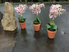 Three large artificial pink phalenopsis orchids, in 12.25in terracotta plant pots; and a large