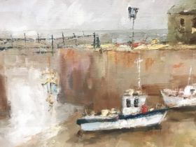 Michael Ewart, oil on canvasboard, boats by harbour wall, signed twice, mounted & contemporary