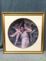 Lithographic colour print, tondo image of young woman being presented with a rose by cupids by a